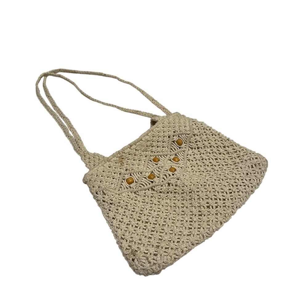 Crochet Knit Cream Color Shoulder Bag Made In The Philippines Beach Boho Beaded